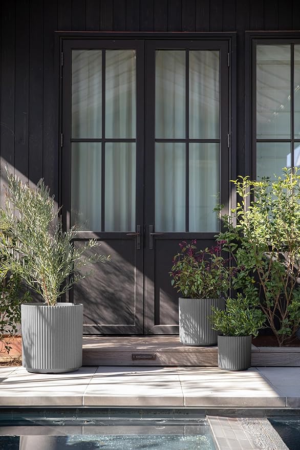 Veradek Demi Series Set of 3 Round Planters for Porch, Patio, Backyard | Durable Plastic-Concrete Material | Modern Décor for Tall Plants, Flower