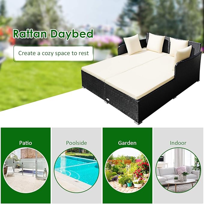 Tangkula Outdoor Rattan Daybed, Wicker Furniture with Spacious Seat, Upholstered Cushion & High-Resilience Sponge, Patio Sofa Set with 4 Pillows, 2-Person Sunbed for Poolside Backyard Garden & Balcony