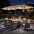 Tangkula 9 Pieces Rattan Outdoor Dining Set with 13Ft Solar Patio Umbrella for 6, Outdoor Wicker Table Set with 8 Cushioned Chairs, Acacia Wood Top, Outdoor Umbrella with Base Included