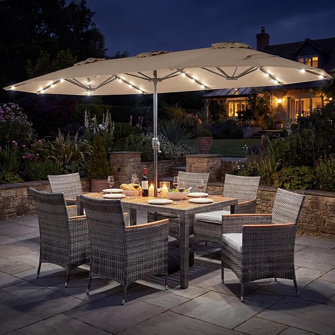 Tangkula 9 Pieces Rattan Outdoor Dining Set with 13Ft Solar Patio Umbrella for 6, Outdoor Wicker Table Set with 8 Cushioned Chairs, Acacia Wood Top, Outdoor Umbrella with Base Included
