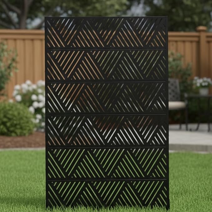 Casaphoria Metal Privacy Screen Outdoor, 72" H x 47" W Freestanding Decorative Privacy Screen for Patio Deck Balcony Garden with Stable Base, Triangular Black