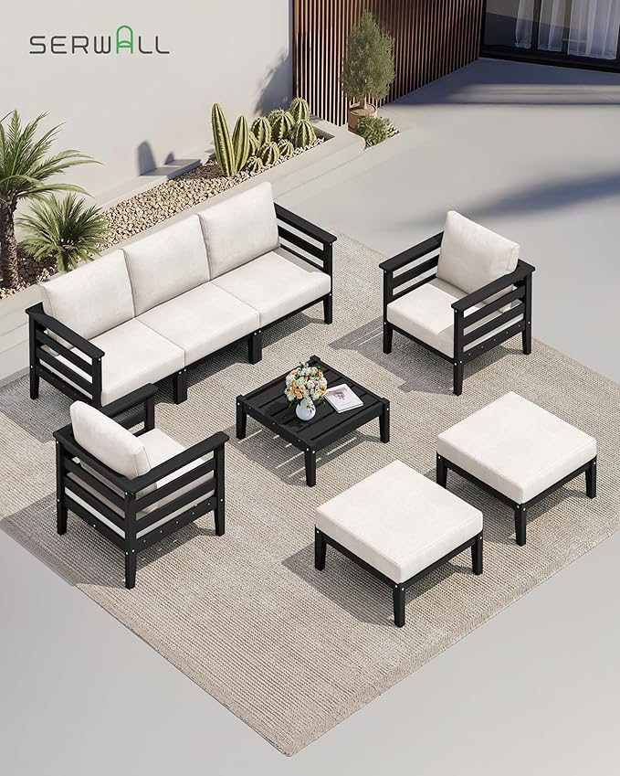 SERWALL HDPE Outdoor Furniture Set, 4 Pieces Patio Sectional Sofa Set, All-Weather Wood-Like Outdoor Sofa with Coffee Table for Deck, Garden, Black Frame with Khaki Cushion