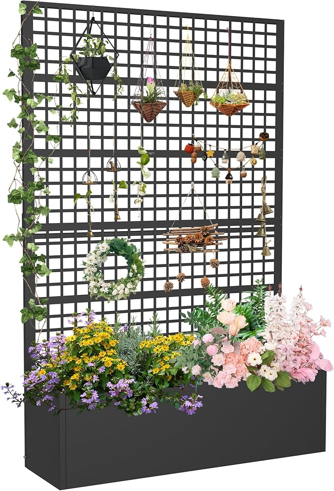 Metal Planter Box with Trellis 47" L x 16" W x 72" H, Raised Garden Bed with Privacy Screen, Privacy Planters for Climbing Plants, Flowers, Vegetables, Fruits