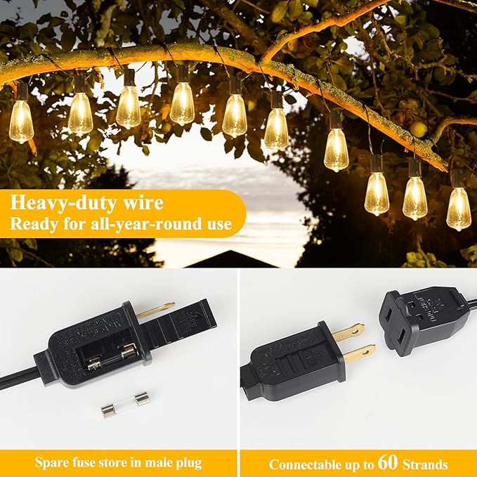 Brightever Outdoor String Lights, 25FT Patio Lights with 13 ST38 LED Edison Bulbs (1 Spare), Waterproof Connectable String Lights for Outside, Dimmable Hanging Light for Backyard Porch Decor, Black