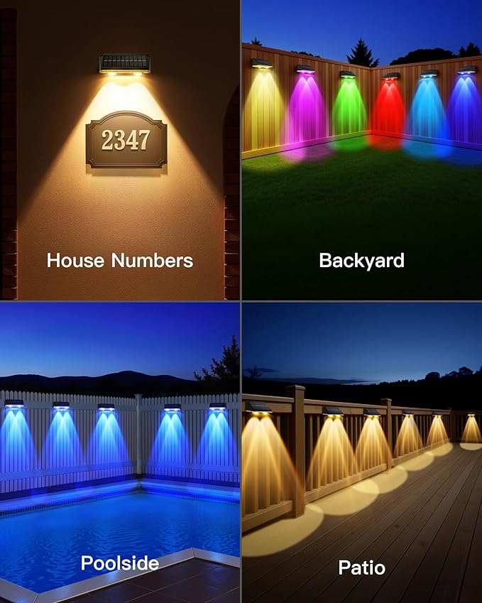 Solar Fence Lights Outdoor, 12 Pack IP65 Waterproof Fence Lights Solar Powered with Ultra-Bright LED Lens, 9 Color Modes, 12+ Hours Steady Glow for Deck/Backyard/Patio/Pool/Wall - Black