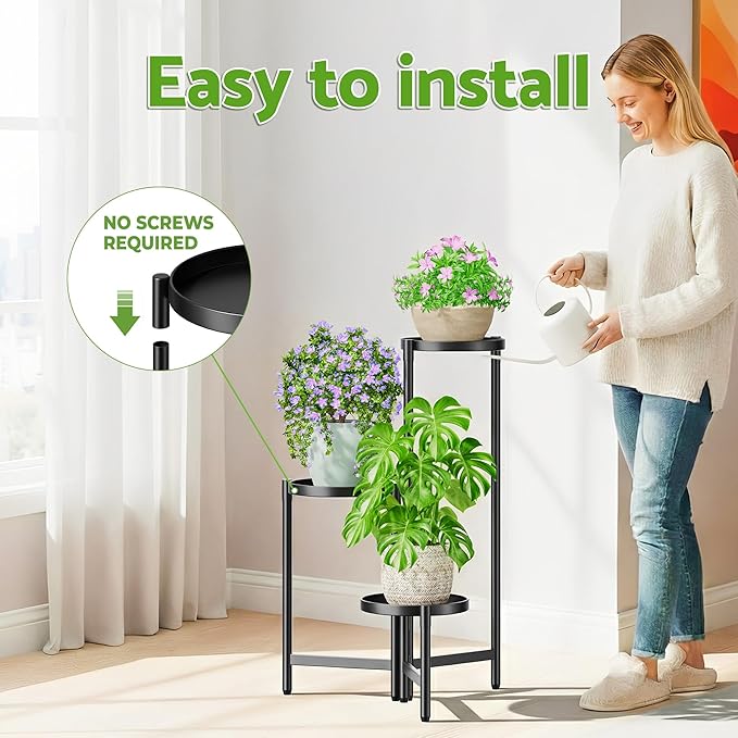 3 Tier Large Plant Stand Indoor with 7.9 Inch Wide Tray, Tiered Corner Metal Outdoor Flower Holder Stand, Folding Tall Rack for Display Shelf for Patio Porch Balcony - BlackDisk