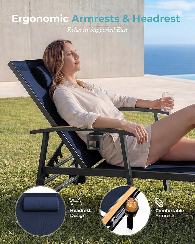 Ciokea Outdoor Lounge Chair with Pillow, 5-Position Aluminum Chaise Lounge with Wheels & Armrests, 400 lbs Heavy Duty Patio Pool Chair for Deck, Backyard, Beach & Poolside, Navy Blue