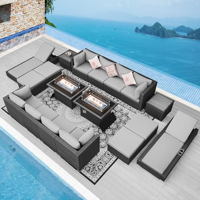 NICESOUL 18 Piece Patio Furniture Set with Fire Pit, Luxury Large Size Outdoor Patio Set with Fire Pit and Lounger, Extra Large 14-Seater Wide Deep High Back Outdoor Seating Sectional, Grey