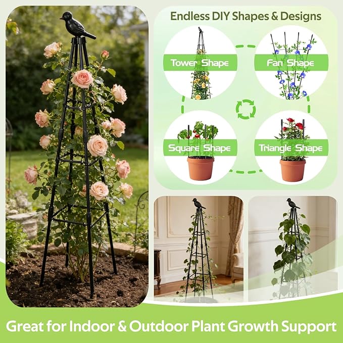 Garden Trellis for Climbing Plants Outdoor - Rustproof Plastic Coated Steel Core Tower Obelisk Trellis - Metal Teepee Trellis Vertical Plant Support for Vines Vegetables Flowers Indoor