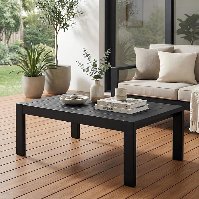 Solaste Aluminum Outdoor Coffee Table, All-Weather Rectangle Metal Patio Coffee Table Furniture for Balcony, Garden, Indoor or Outdoor Use, Black