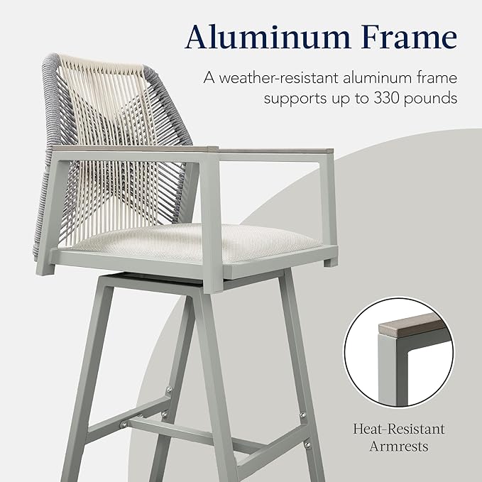Best Choice Products Outdoor Bar Stools Set of 2, Bar Height, 360° Swivel Aluminum Frame, All-Weather Woven Rope Chair Design w/Armrests - Gray/Meteor