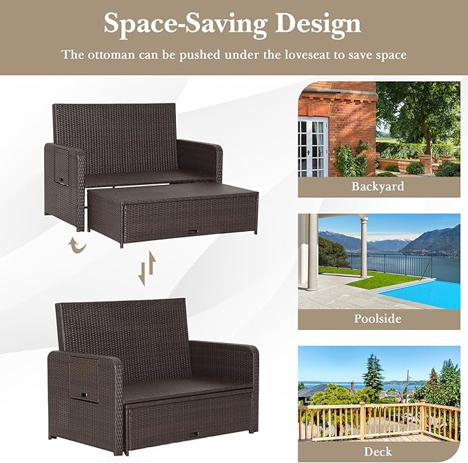 LDAILY Moccha Outdoor Daybed, Wicker Loveseat Sofa Set with 4-Postion Adjustable Backrest, Storage Ottoman, Cushions, Rattan Double Bed Lounger, Patio Furniture Set (Navy)