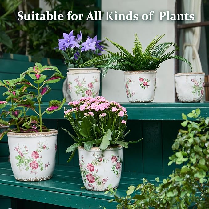 Vintage Ceramic Planter with Drainage Hole, Plastic Tray & Mesh, 5.5 Inch - Indoor/Outdoor Flower Pot, Pink Floral Rustic Farmhouse Design Plant pot for Home, Office & Garden Décor, Ideal Gift