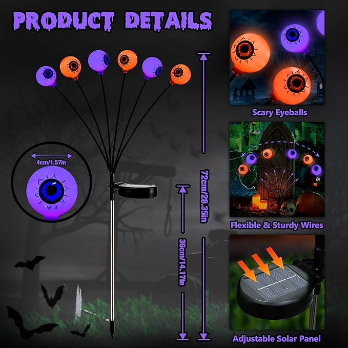 BrizLabs 6 Pack 36 LED Halloween Solar Eyeball Lights, 2 Modes Outdoor Halloween Pathway Lights, Solar Spooky Path Light Waterproof, Swaying Firefly Lighting for Yard Garden Lawn, Orange & Purple