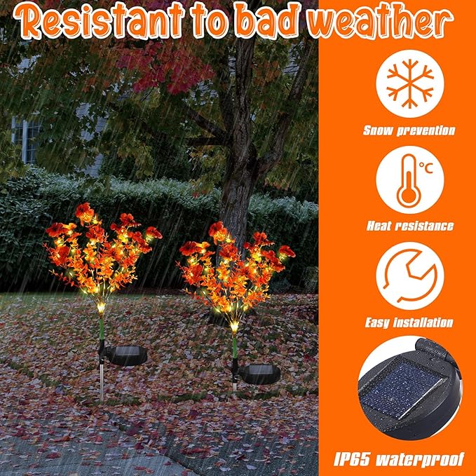 2 Pack Solar Stake Lights Outdoor Decor Waterproof Mums Artificial Flowers Solar Lights for Outdoor Garden Yard Pathway Decor (Orange,Violet)