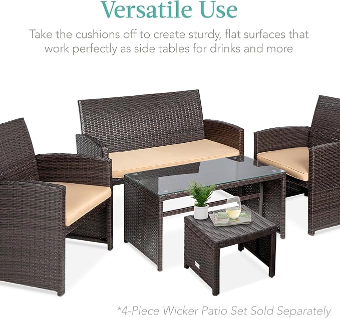 Best Choice Products Set of 2 Wicker Ottomans, Multipurpose Outdoor Furniture for Patio, Backyard, Additional Seating, Footrest, Side Table w/Removable Cushions, Steel Frame - Brown/Tan