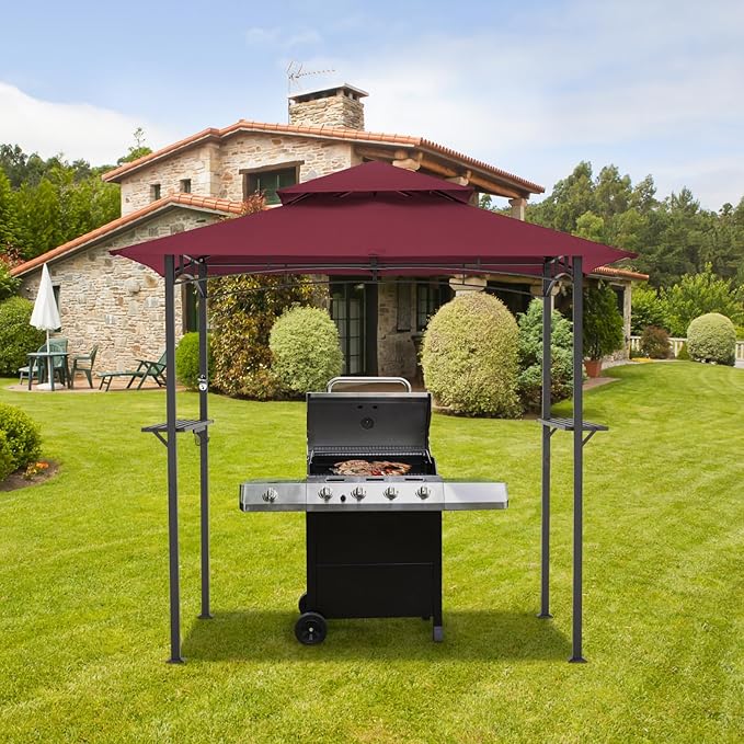 AECOJOY 8' x 5' Grill Gazebo, Grill Canopy for Outdoor Grill, 2- Tier BBQ Gazebo Shelter for Patio, Backyard and More (Wine Red)