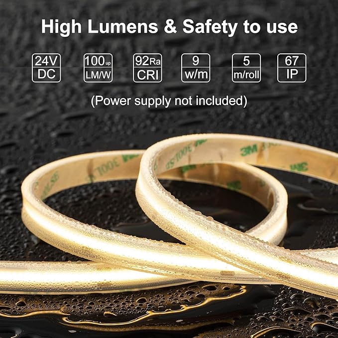 COB LED Strip Lights Waterproof IP67 DC24v Warm White 3000K 16.4ft/5m High CRI 92Ra+ Outdoor LED Tape Lighting DIY Cuttable for Bedroom Kitchen Cabinet Shelf (Power Supply Not Included)