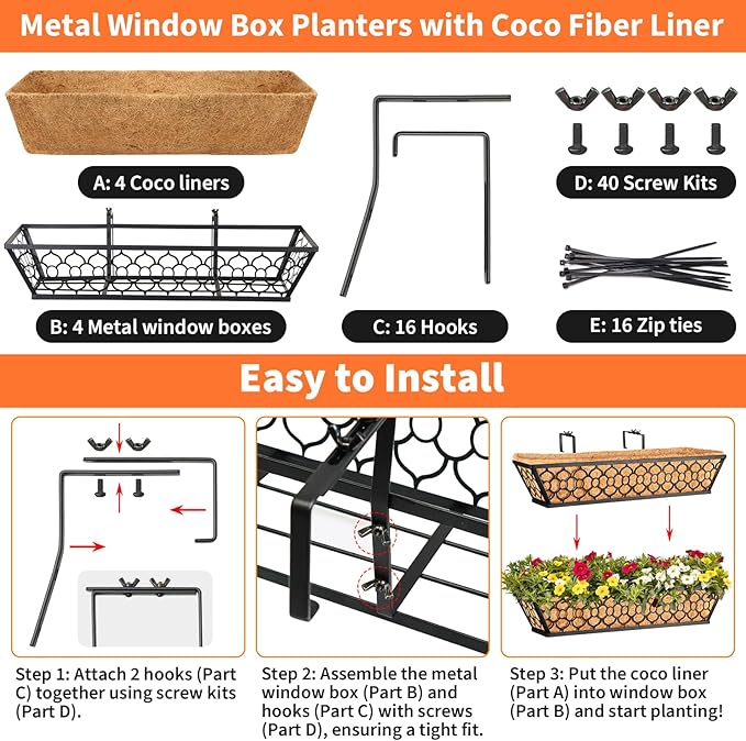 Riare 4 Pack 16 Inch Window Boxes Planters with Coco Liner, Metal Deck Railing Planter Boxes, Balcony Planters Railing Hanging, Horse Trough Window Flower Planter Boxes for Outdoor Porch Fence Patio