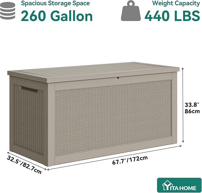 YITAHOME XXL 260 Gal Large Deck Box, Outdoor Resin Storage Box, Rattan Storage Container for Patio Furniture, Garden Tools, Waterproof, Lockable (Brown)