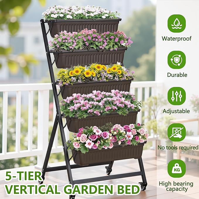 VECELO 5-Tier Vertical Garden Bed, Freestanding Elevated Raised Garden Planter with 5 Garden Planter Boxes, Lockable Caster Wheels, Drainage System, for Plants, Vegetables, Flowers, Herbs