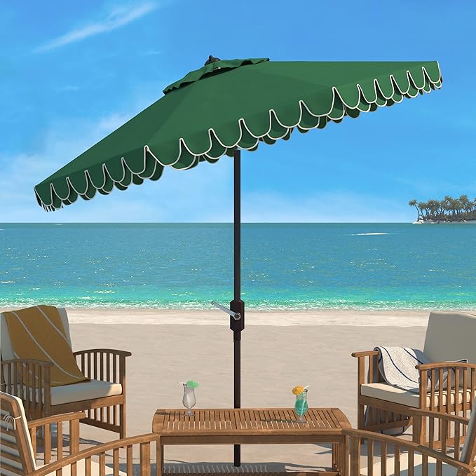 SAFAVIEH 9ft Outdoor Patio Umbrella, Round, Valance, Dark Green, Auto Crank Tilt, UV Resistant for Deck, Backyard, Poolside (PAT8006H)