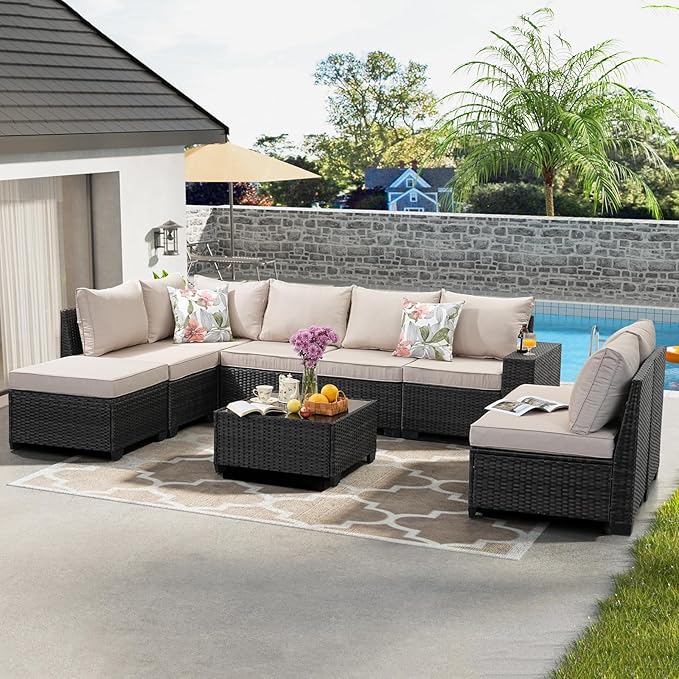9 Pieces Patio Furniture Set All-Weather Outdoor Wicker Sectional Conversation Sofa Rattan Patio Seating Sofa with Cushion and Glass Table and Ottoman for Porch Poolside,Beige