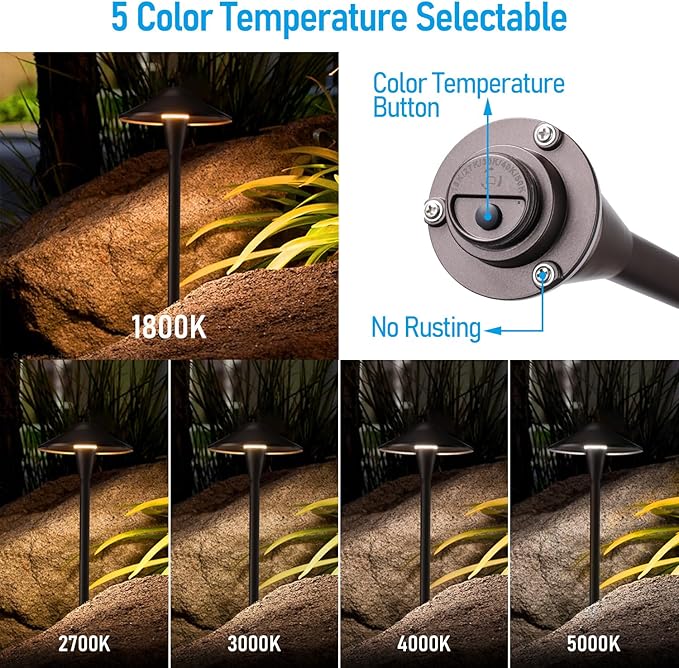 LEONLITE Update 5CCT Low Voltage Pathway Lights, LED Landscape Path Lights, 1800/2700/3000/4000/5000K, Saucer Head, 12-24V AC/DC, IP65 Outdoor Walkway Light, Oil Rubbed Bronze Aluminum, Pack of 6