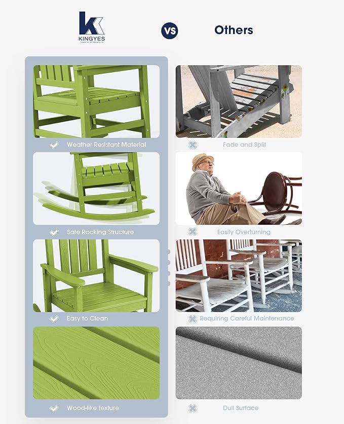 KINGYES HDPE Rocking Chairs Outdoor, Patio Rocking Chairs with 330lbs Support, Smooth Porch Rocker for Deck Lawn Yard, Pistachio Green