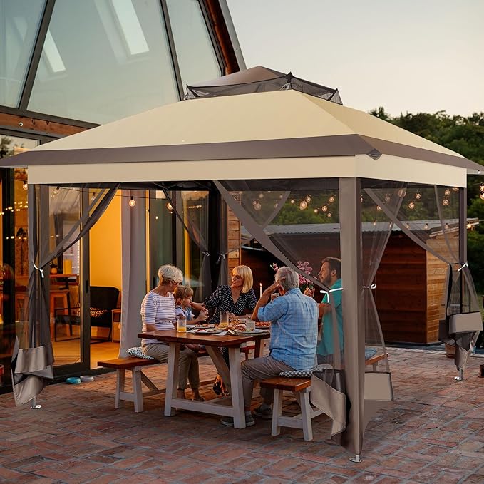 COBIZI 11x11 FT Pop up Gazebo Canopy Tent - Outdoor pop up gazebos on Clearance,carpas para Patio,Shelter - Screen Tents with Portable Carry Bag,Patio Gazebos for Camping,Garden,Deck,Backyard,Brown