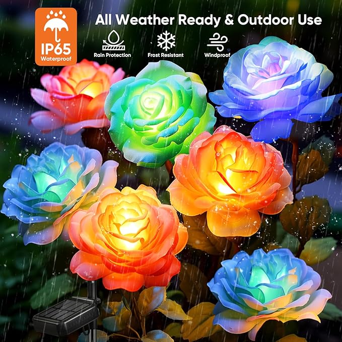 Solar Rose Lights Outdoor: 10 Pack IP65 Waterproof 7-Color Changing LED Flower Stakes for Garden Pathway Patio Lawn Decorative - Auto On Off 10H+ Lighting