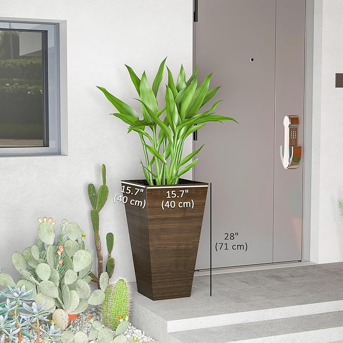 Outsunny Tall Planter for Outdoor Plants Set of 3, 28 Inch Taper Planter with Drainage Holes, Wood Grain Decor Garden Pot for Indoor Outdoor Porch Patio Backyard, Brown