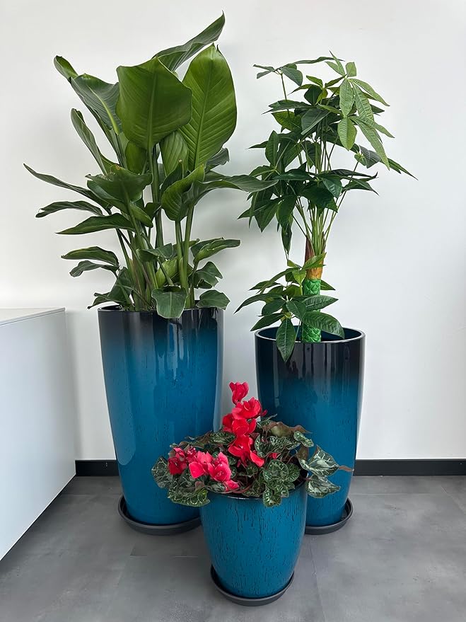 24,21,11 Inch Large Plastic Planters with Drainage Hole and Saucer - Set of 3 Tall Plant Pots Indoor Flower Pot Tall Round Planters Outdoor Large Tall Planter