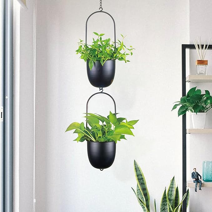 Stackable Metal Hanging Planters, Set of 2 Black Oval Plant Hangers with 6 inch Flower Pots, Modern Wall and Ceiling Plant Holders for Indoor Outdoor Plants Home Décor