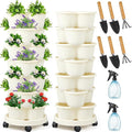 Umigy 2 Set Ivory 2 Set of 7 Tier Stackable Vertical Planters with Removable Wheels and Tools Tower Planters Strawberry Herb Flower Vegetable Pots Indoor Outdoor Gardening Pots