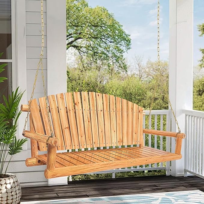 Outdoor Porch Swing Front Porch Hanging Wooden Bench Swing 3 Seat Chair for Garden, Patio, Backyard, Playground, Log Wood 800Lbs, 5 Ft, Lightly Toasted