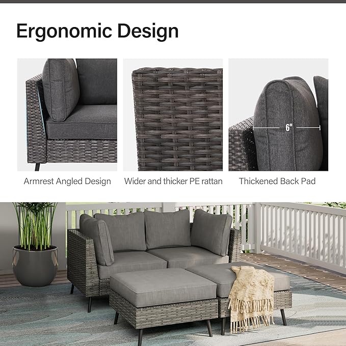 LAUSAINT HOME Outdoor Patio Furniture, 4 Piece Outdoor Sectional Sofa PE Rattan Wicker Patio Conversation Sets, All Weather Patio Furniture Set with Thick Cushions for Garden, Backyard(Grey)