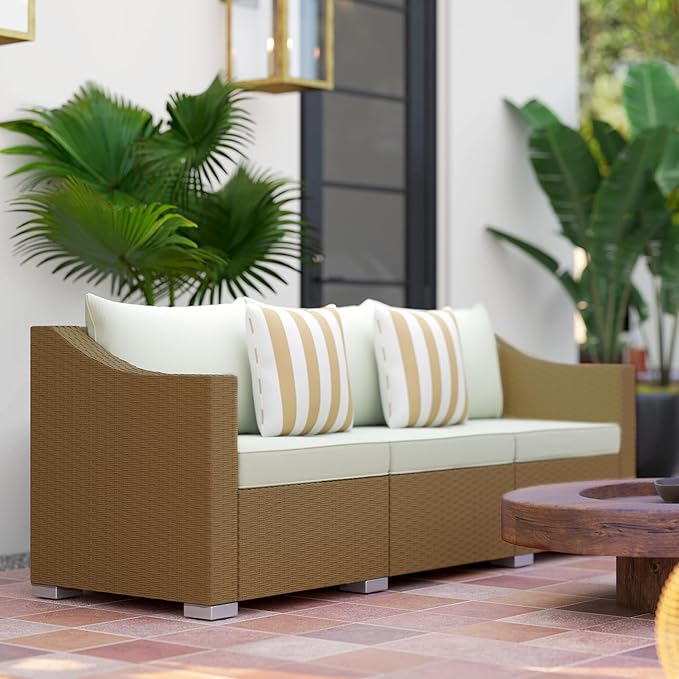 Outsunny 3 Seater Patio Sofa, Wicker Sofa with Cushions, Outdoor Furniture Rattan Couch with 2 Throw Pillows, Deep Seating, for Garden, Backyard, Porch, Light Gray