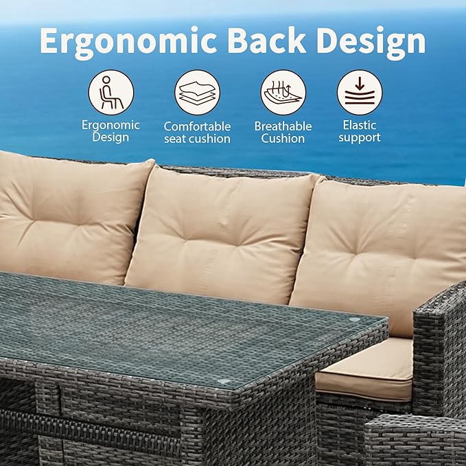 6 Pieces Patio Furniture Set - All-Weather Outdoor Wicker Sectional Conversation Sofa, Rattan Patio Seating Sofa Set with 4'' Cushion and Glass Table for Porch Poolside, Brown
