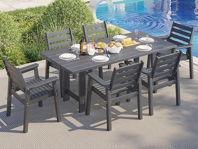 AMERLIFE 7-Piece HDPE Outdoor Dining Set with Umbrella Hole, 71" L Patio Table and Chairs Set for 6, Modern Garden Dining Set for Backyard, Poolside, Seaside, Porch, Gray