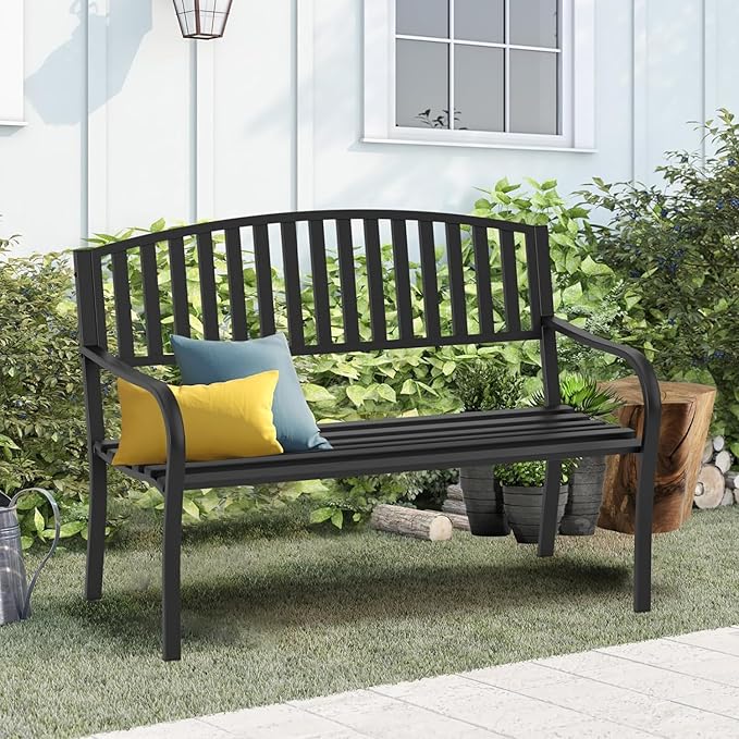 On Shine 50'' Outdoor Bench Weatherproof, Cast Iron All Metal Frame Garden Bench, Anti-Rust Patio Park Bench Clearance for Front Porch, Yard, Lawn, Deck