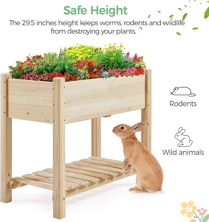 Yaheetech 34x18x30in Horticulture Raised Garden Bed 2pcs Planter Box with Legs & Storage Shelf Wooden Elevated Vegetable Growing Bed for Flower/Herb/Patio/Balcony, Natural Wood