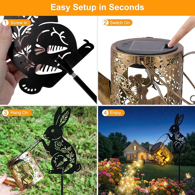 Solar Watering Can Light with Bunny Silhouette Stake & Fairy Design - Cascading LED String Light for Garden Yard Patio Decor, IP65 Waterproof Outdoor Gift for Mom, Women, Birthday, Housewarming