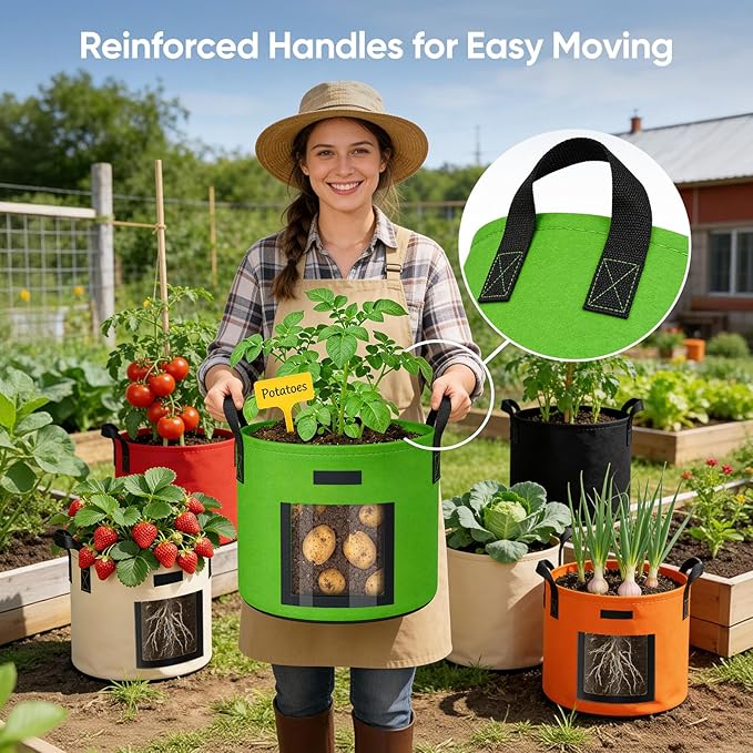 10 Gallon Potato Grow Bags: Set of 5 Colorful Gardening Supplies Fabric Pots with Harvest Window Reinforced Handles - Planting Container for Vegetable Tomatoes Carrot Flowers Balcony Patio Use