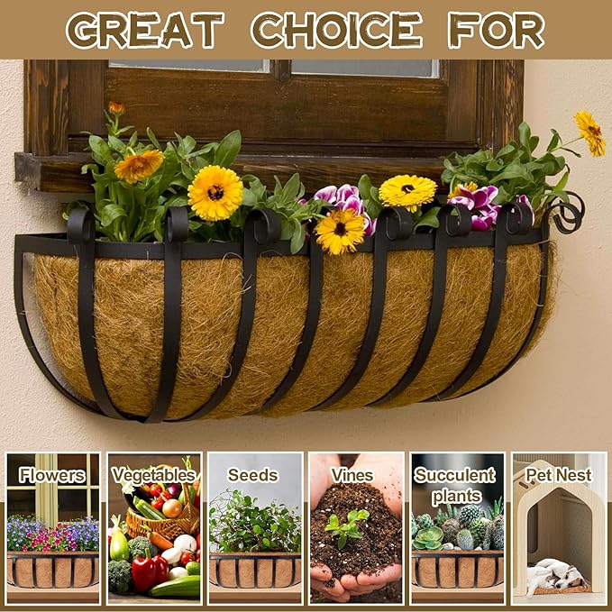 Riare 4 Pack 24 Inch Trough Coco Coir Liners for Planters, Pre-Formed Coconut Coir Replacement Liner Natural Coco Fiber Window Box Liners for Wall Planter, Window Basket Deck Railing Planter