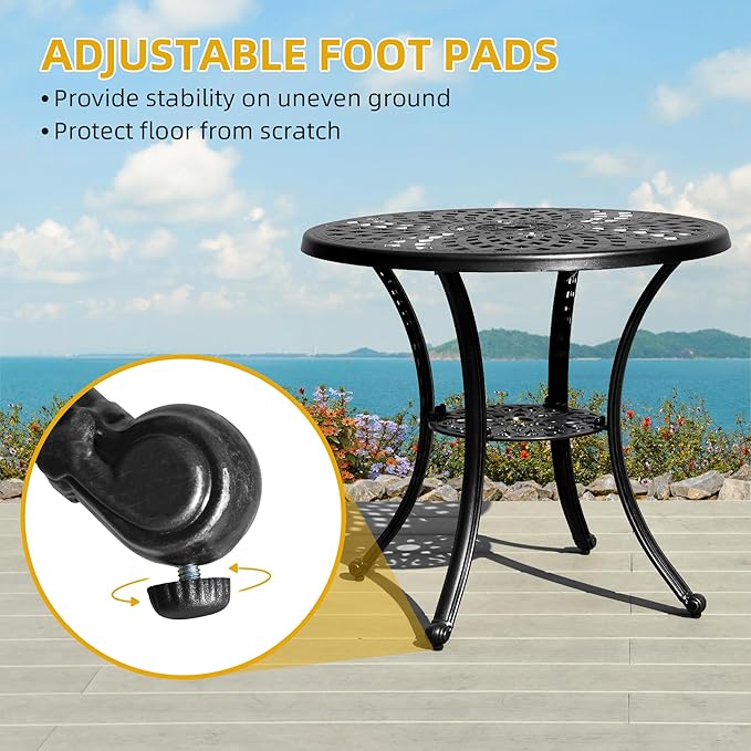 DWVO 30 Inches Round Patio Dining Table with Umbrella Hole, Antique Cast Aluminum Outdoor Bistro Table Outdoor Side Table for Backyard, Garden, Patio, Porch, Black