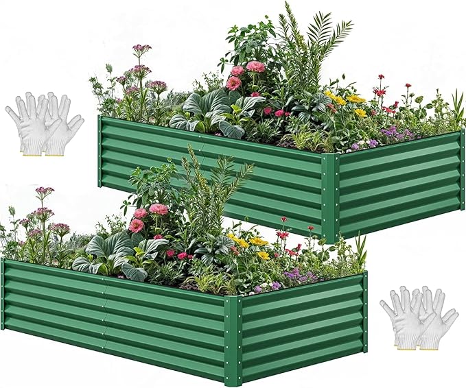 YITAHOME 2pcs 8x4x1.5 in Galvanized Raised Garden Bed Kit, Large Metal Planter Box with Gloves, Safety Rubber & Support Rod, Outdoor Flower Bed for Plants Vegetables, Green
