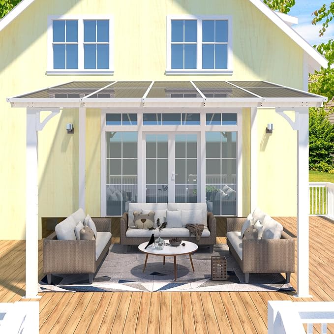 AECOJOY 10' x 8' Pergolas and Gazebos on Clearance in White, Large Wall Mounted Pergola, Outdoor Patio Lean to Gazebo Metal Awnings for Decks,Patio, Porch, Backyard and More