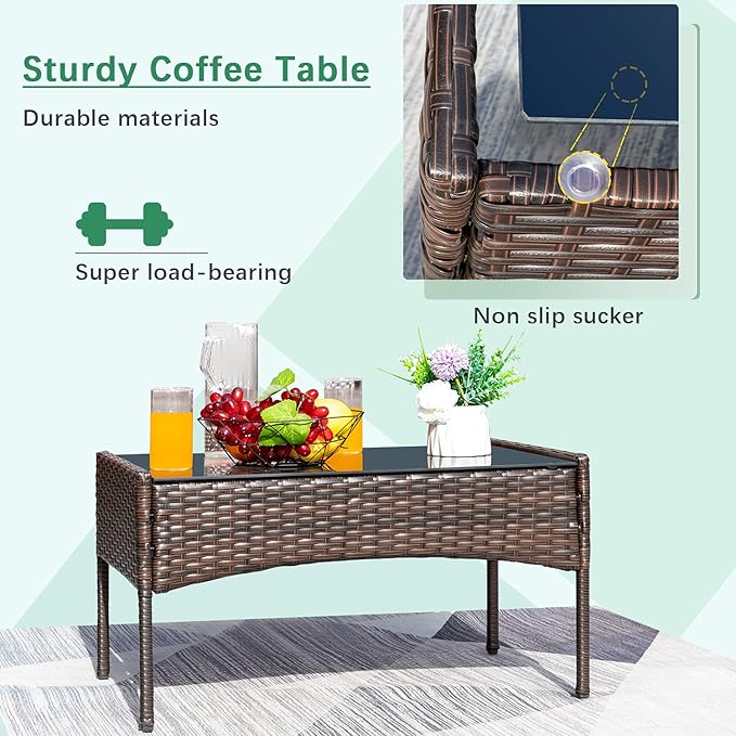 Greesum Patio Furniture 4 Pieces Conversation Sets Outdoor Wicker Rattan Chairs Garden Backyard Balcony Porch Poolside loveseat with Soft Cushion and Glass Table, Brown and Blue