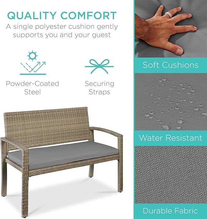 Best Choice Products Outdoor Bench 2-Person Wicker Garden Patio Benches Seating Furniture for Backyard, Porch w/Seat Cushion, 700lb Capacity - Cement Gray/Taupe
